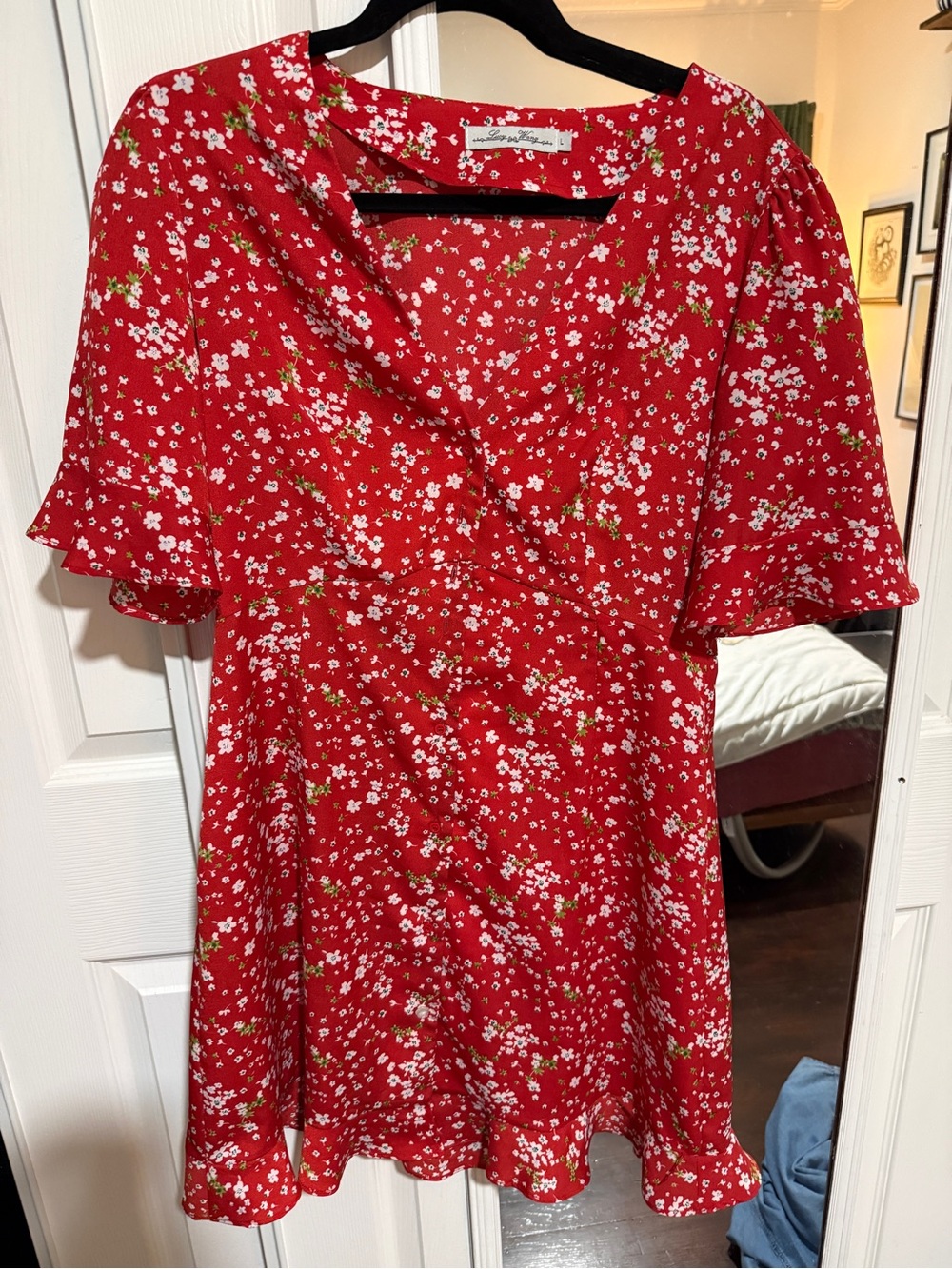 Red Floral Short Sleeve Mini Dress